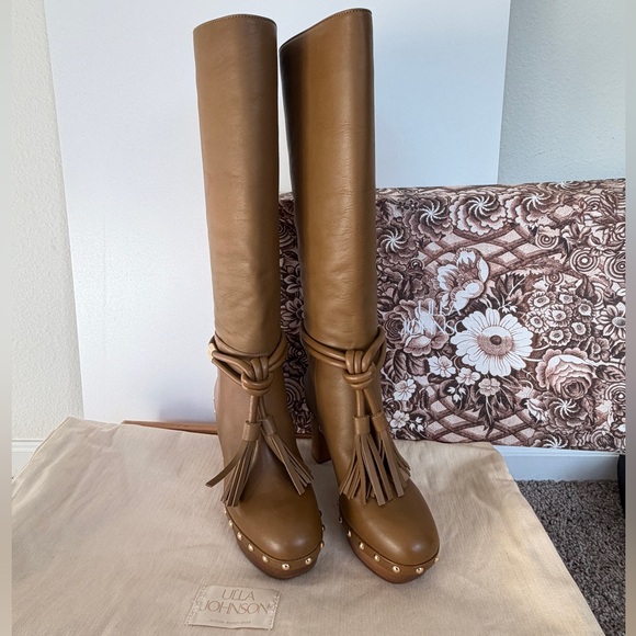 Ulla Johnson Elin Tassel Boots Leather Gold Fringe Wood Heels Sz 35 Quiet Luxury - Picture 5 of 16